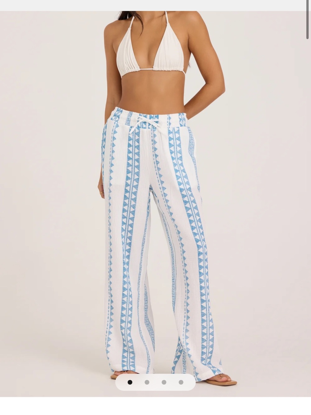 Ocean Drive White Wide-Leg Pants with Light Blue Geometric Stripes